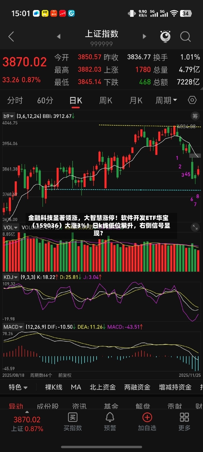 金融科技显著领涨，大智慧涨停！软件开发ETF华宝（159036）大涨3%！日k线低位攀升，右侧信号显现？-第2张图片